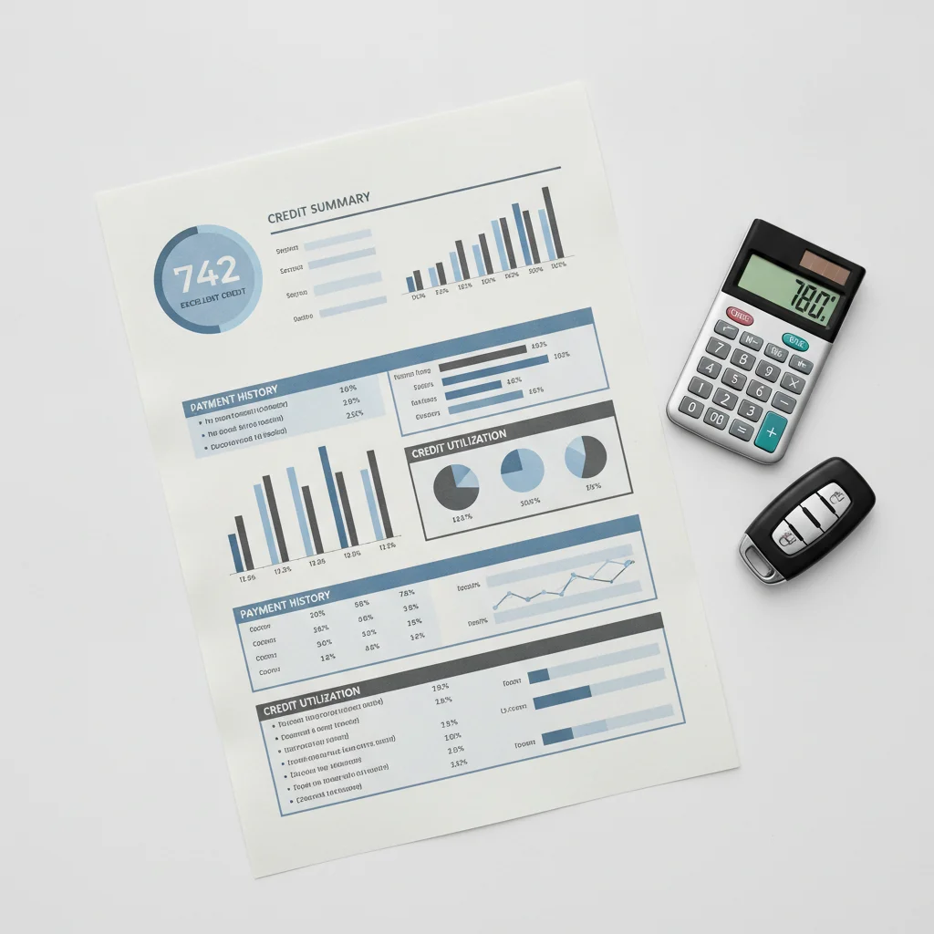 Printed credit score report next to a calculator and car key on a white desk surface