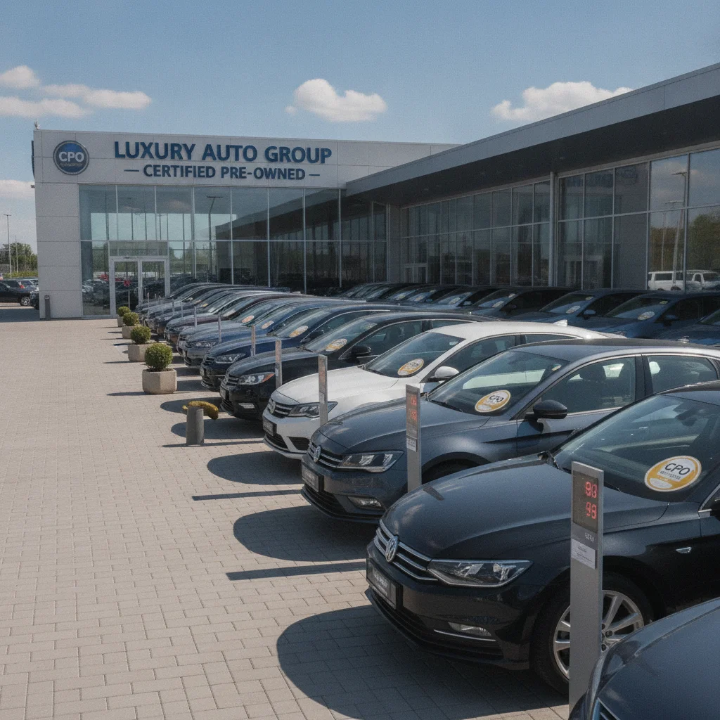 Row of certified pre-owned vehicles on a dealership lot with CPO certification stickers on windshields