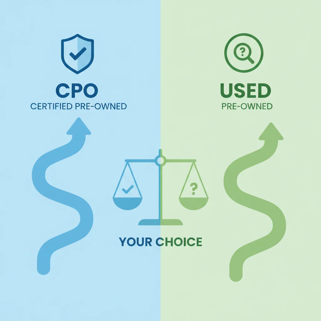 Illustrated decision graphic showing CPO and standard used car financing paths balanced on a scale