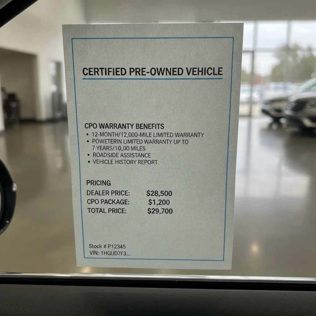 A CPO window sticker on a used car showing warranty coverage details and asking price