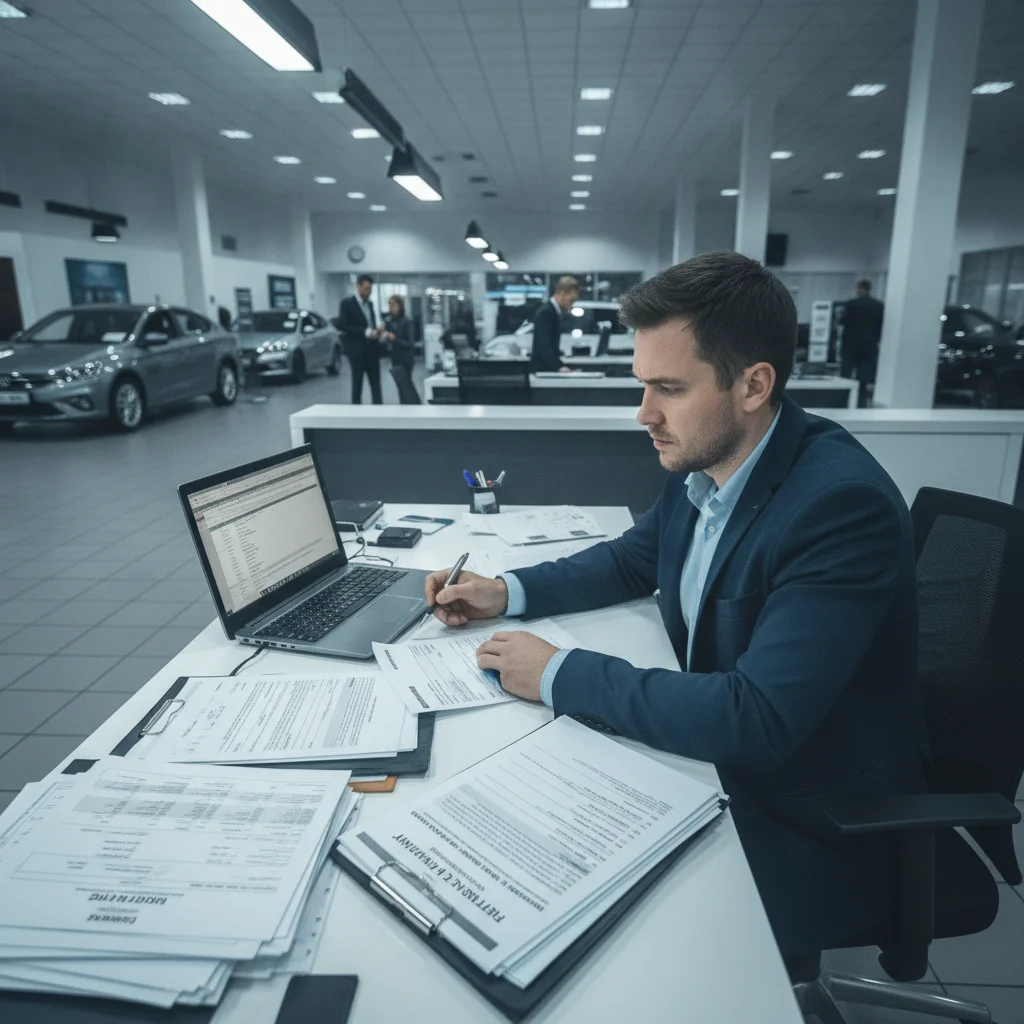 A car buyer carefully reviewing CPO warranty paperwork at a dealership finance desk