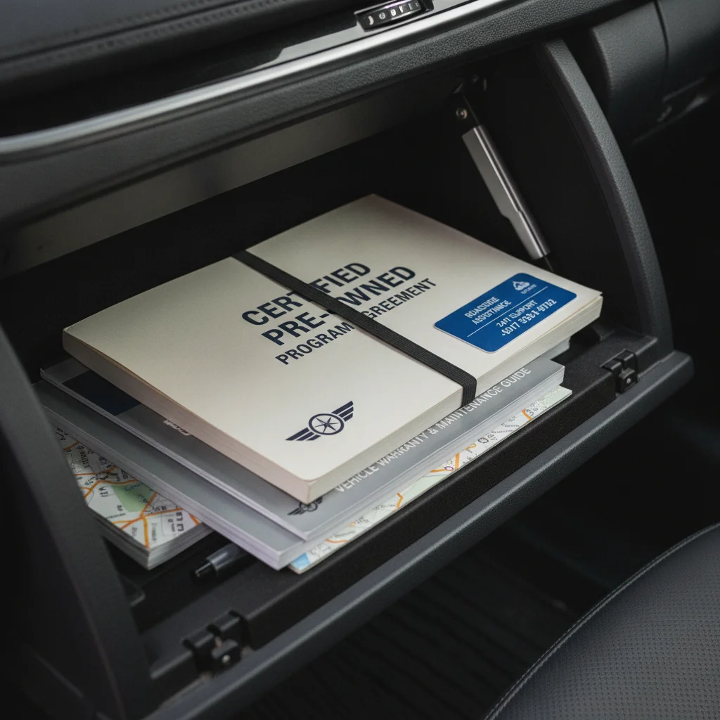 An open car glove compartment showing a CPO program agreement and roadside assistance card.