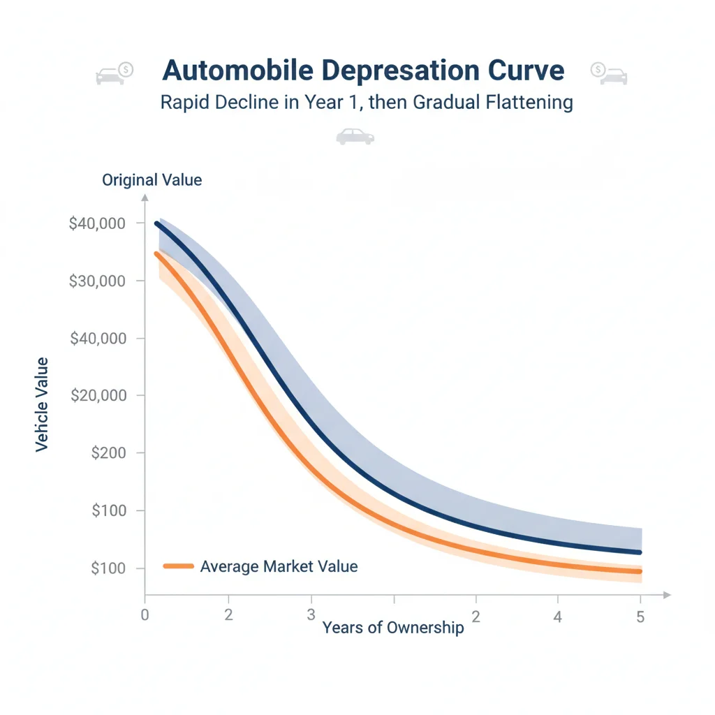 Graph illustrating steep first-year depreciation curve for a new car flattening in later years