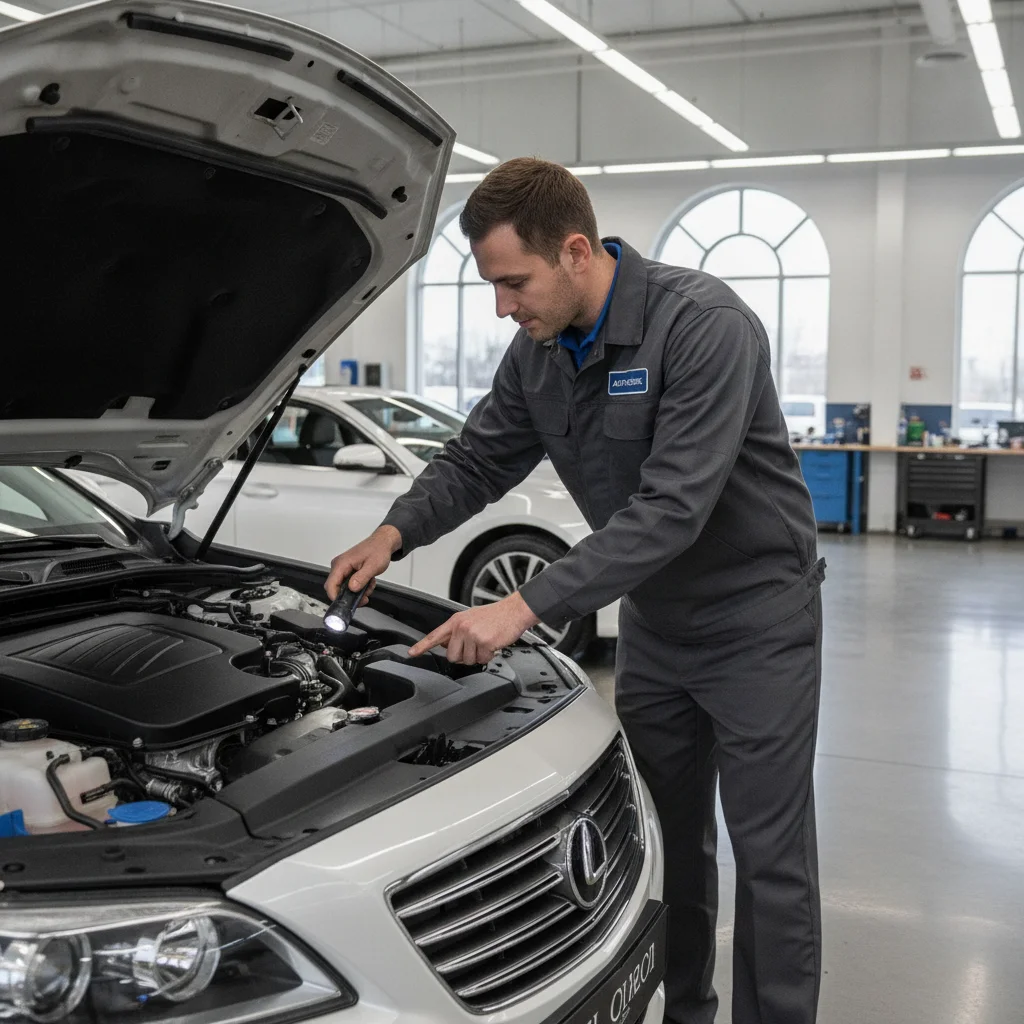 Automotive technician conducting a multi-point inspection on a CPO vehicle in a dealership service bay