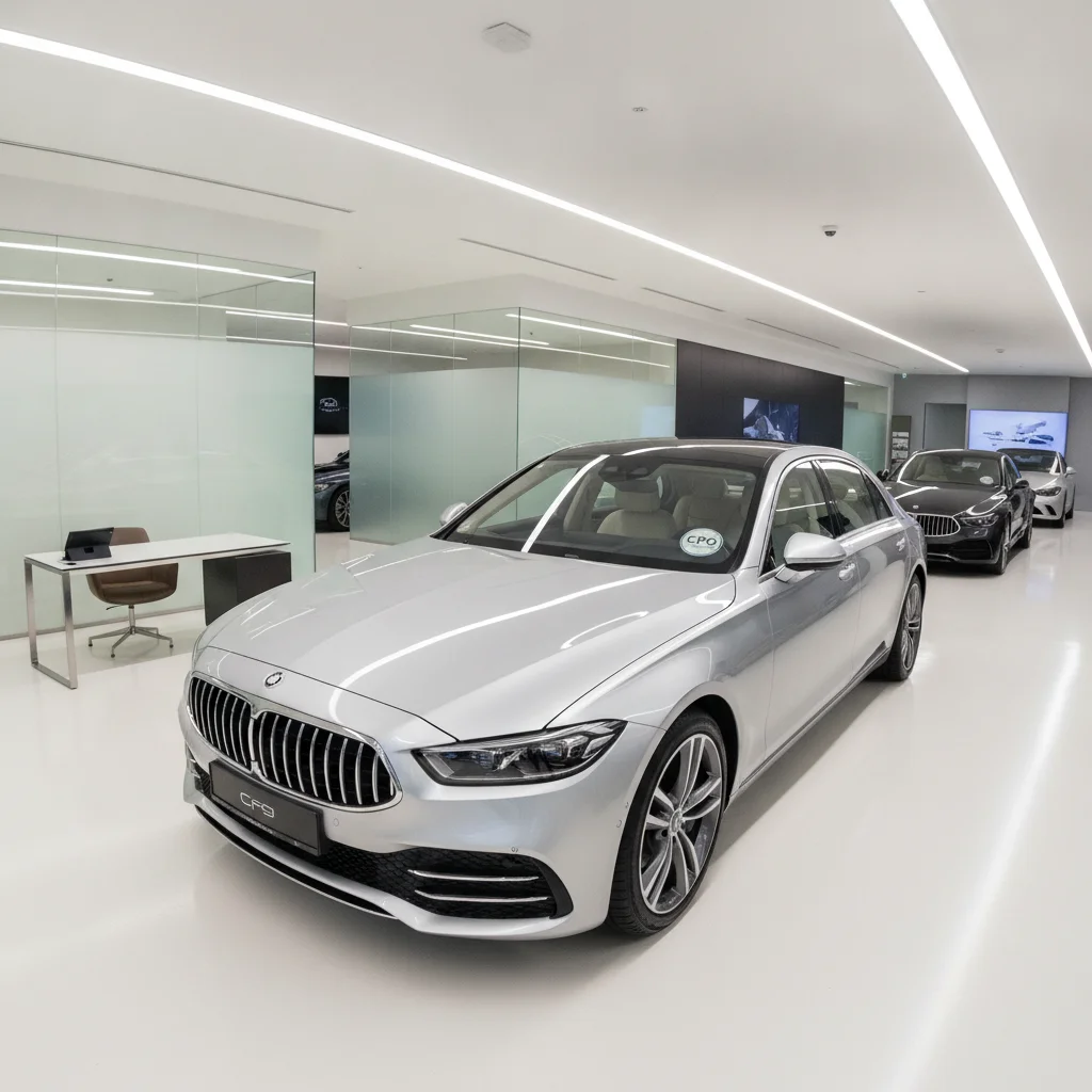 Silver luxury CPO sedan displayed in a premium dealership showroom with certification badge on windshield