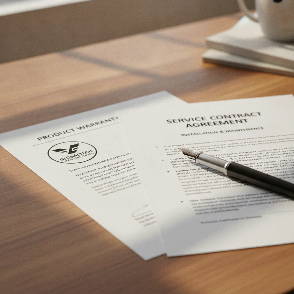 Two printed warranty documents on a desk with a pen, one manufacturer-backed and one service contract