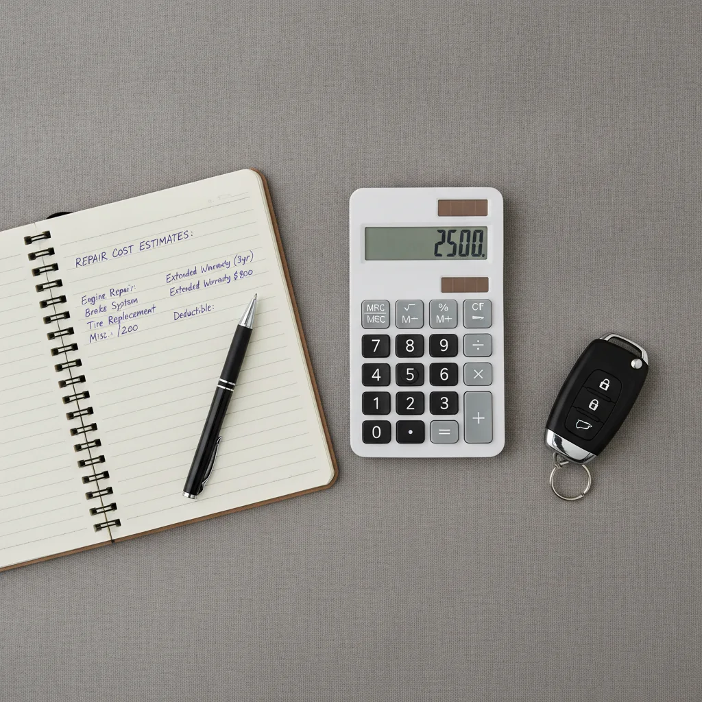 Calculator, notebook with repair cost estimates, and car key laid out for financial planning