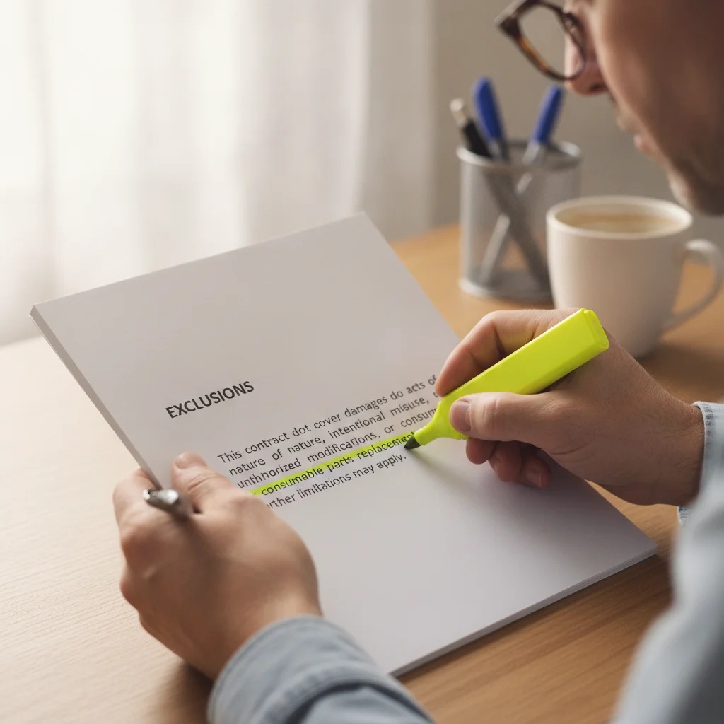 Hands highlighting exclusion clauses in a vehicle service contract booklet with a yellow marker