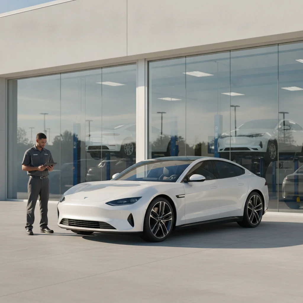 A CPO car parked at a dealership service bay with a technician holding a diagnostic tablet