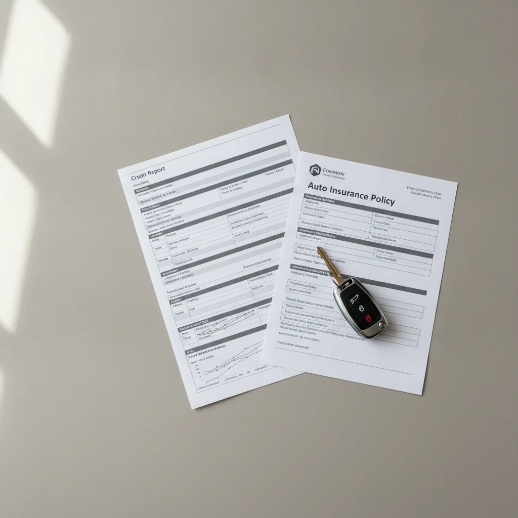Credit report document placed next to a car insurance policy and car keys on a desk