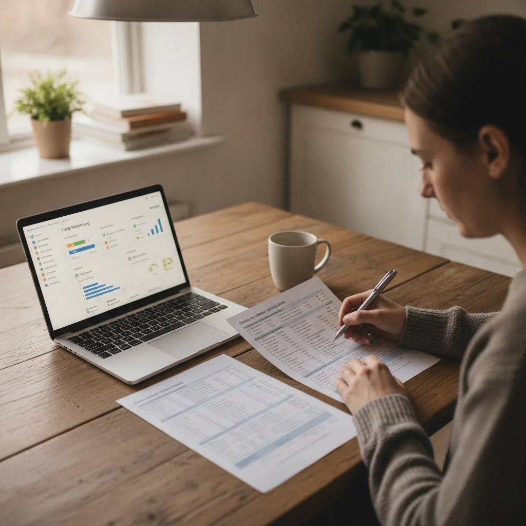 Person reviewing credit documents and a laptop showing credit monitoring data at a home desk