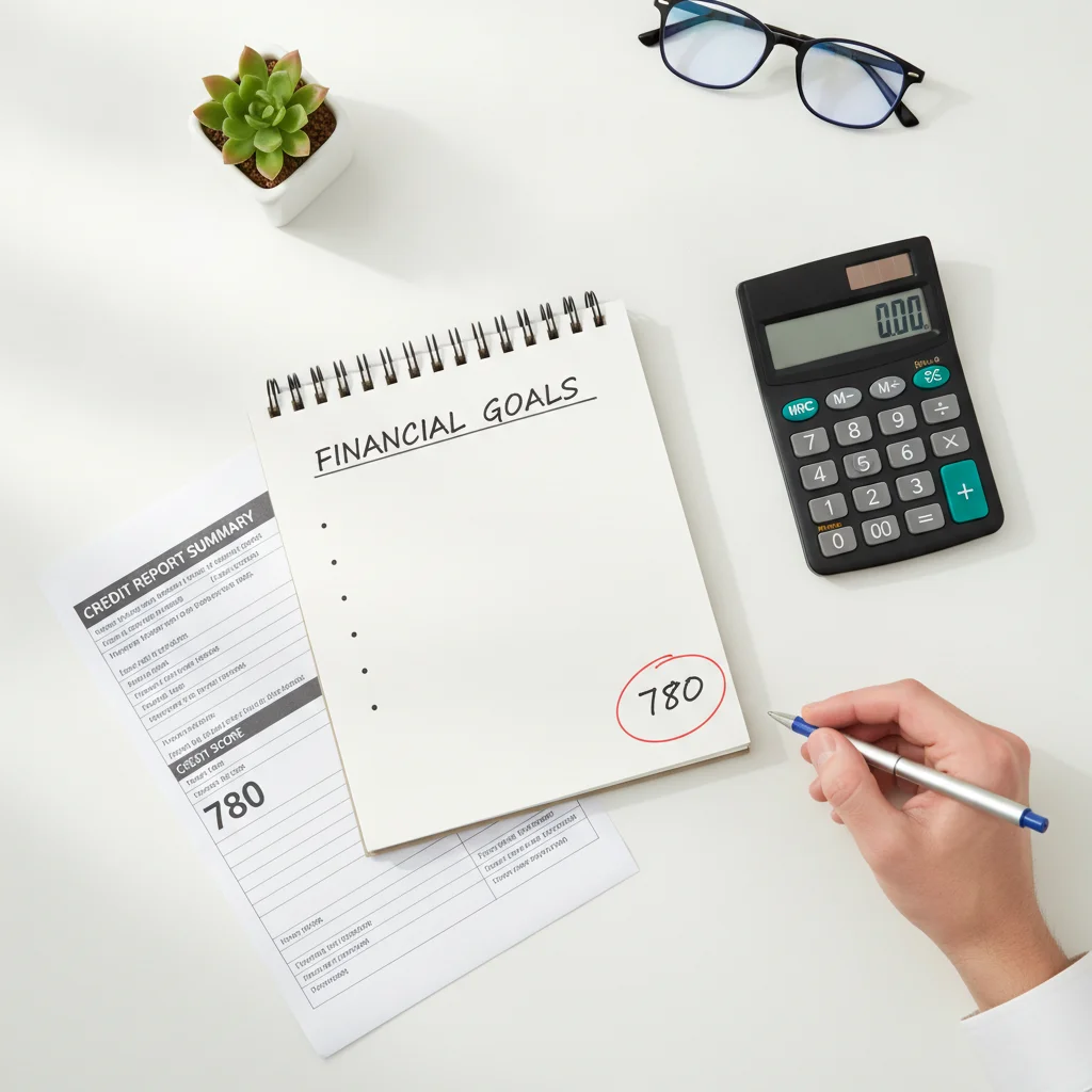 Person reviewing printed credit report on desk with calculator and notepad for financial planning