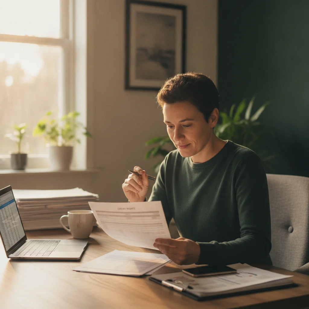 Person carefully reviewing a printed credit report at a home desk before visiting a dealership