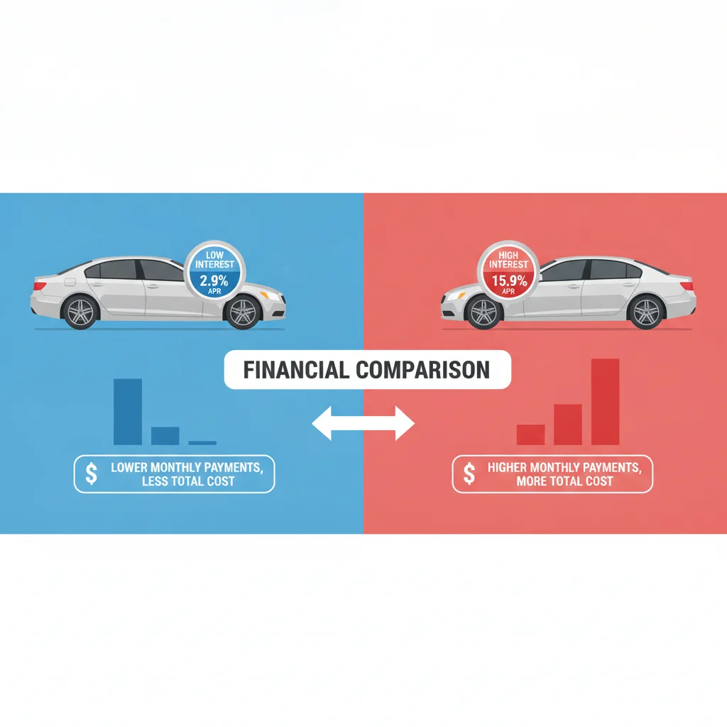 Two identical cars side by side illustrating the interest rate difference based on credit score tiers