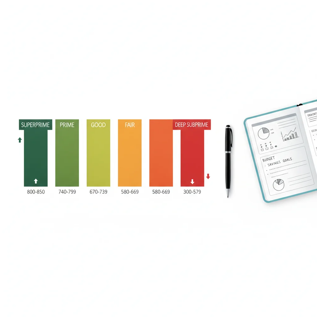 Color-coded chart showing the five auto lending credit score tiers from superprime to deep subprime.