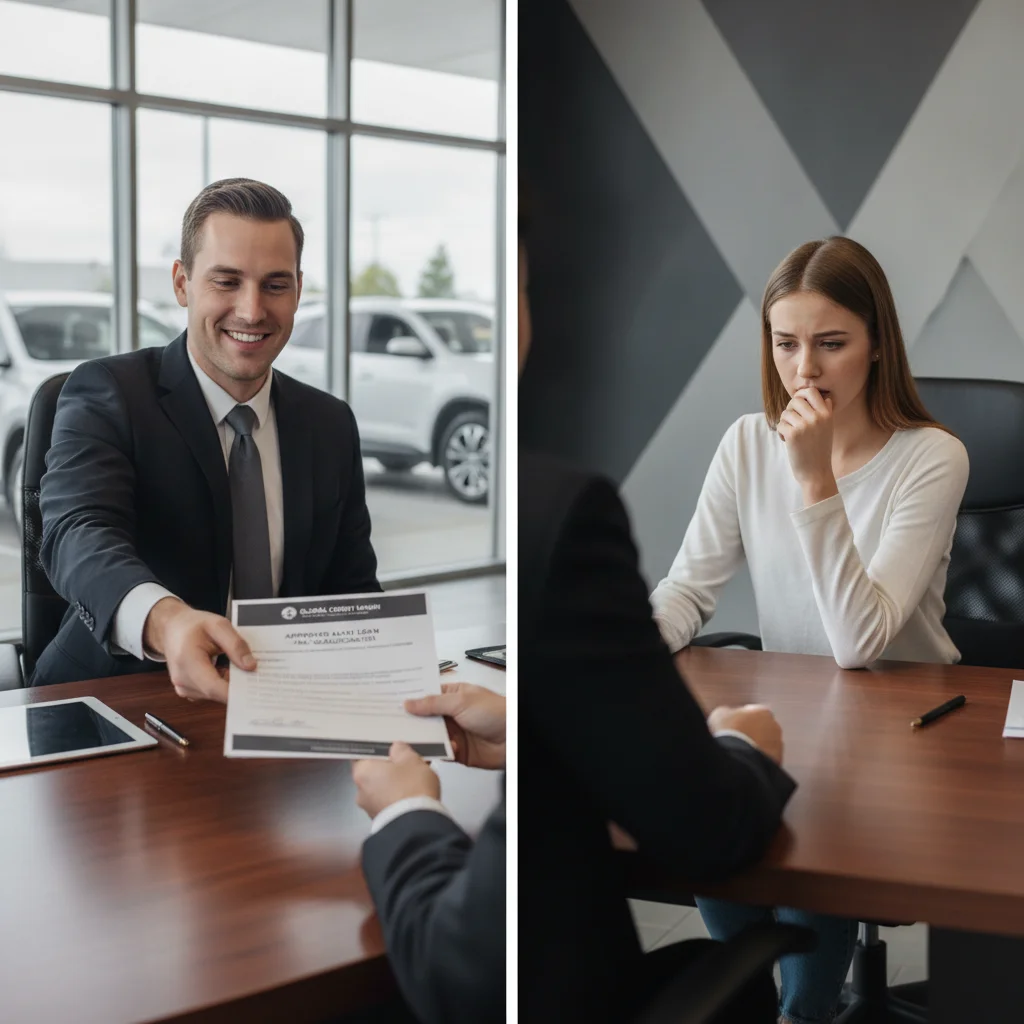 Two car buyers at a dealership desk, one with preapproval documents and one without, comparing negotiating positions.