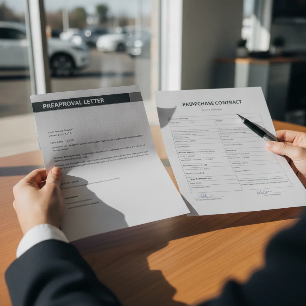 Hands holding a preapproval letter next to a car purchase contract on a dealership desk.