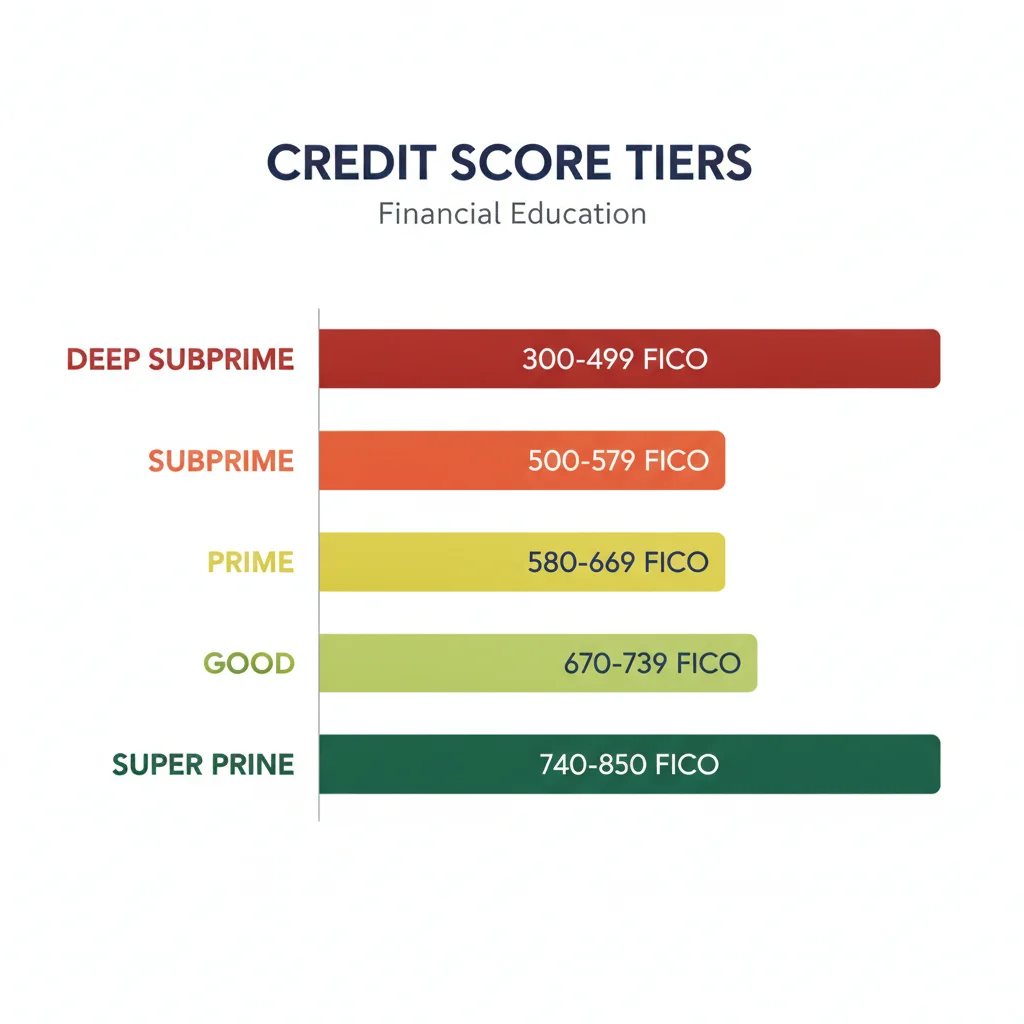 Horizontal bar chart showing five auto loan credit score tiers from deep subprime to super prime.