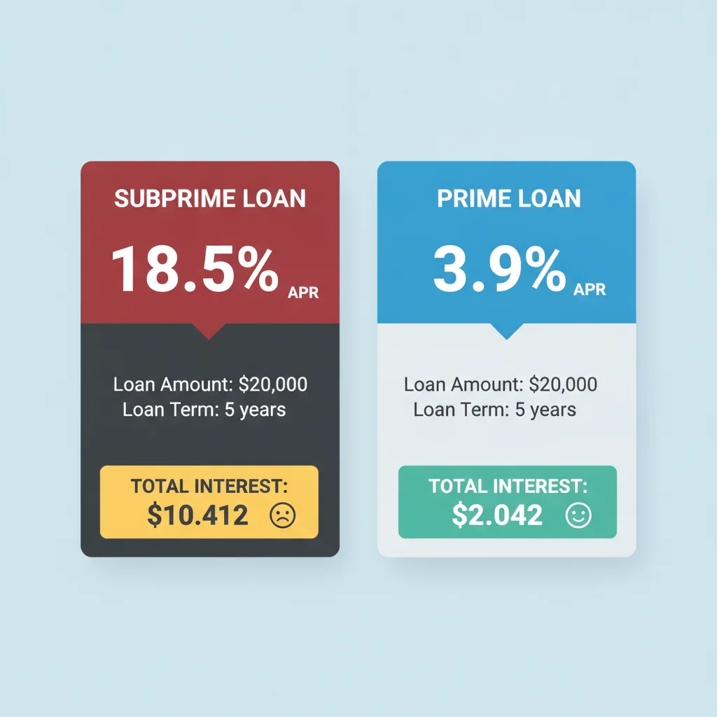 Side-by-side comparison of subprime and prime auto loan costs showing APR and total interest differences.