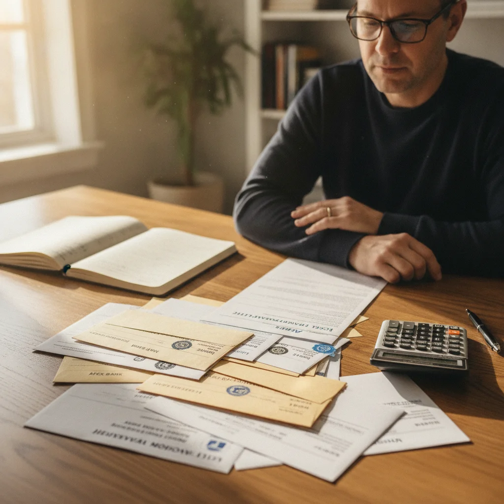 Person reviewing multiple auto loan preapproval offers at a desk with a calculator and documents.