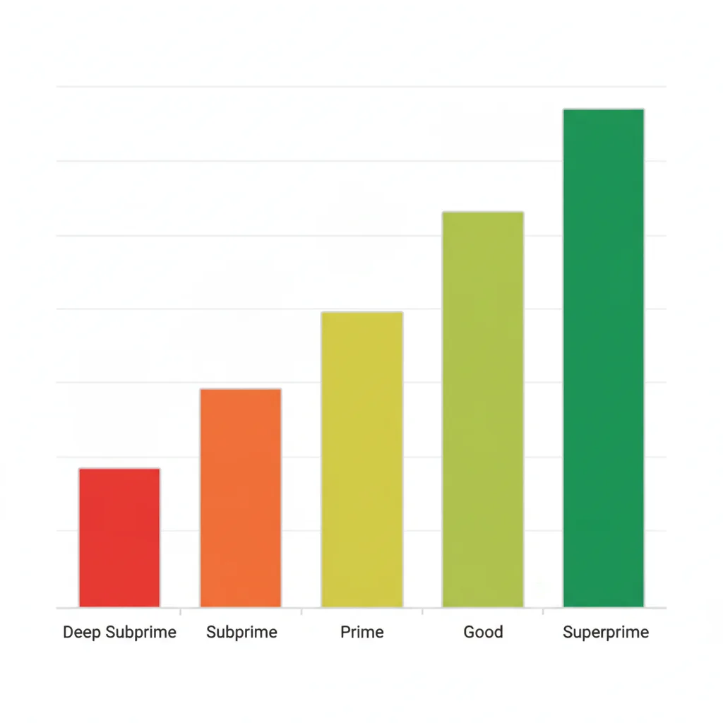 Bar chart showing five auto lending credit tiers from deep subprime in red to superprime in green