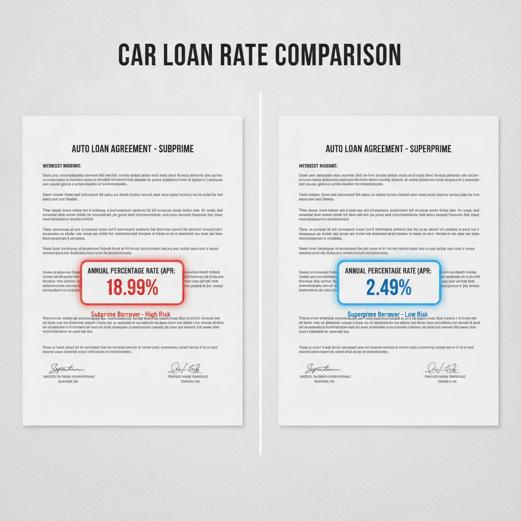 Two loan documents side by side showing dramatically different interest rates for subprime versus superprime borrowers