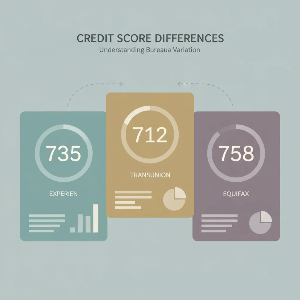 Three overlapping credit bureau report pages showing slightly different credit scores from Equifax, Experian, and TransUnion