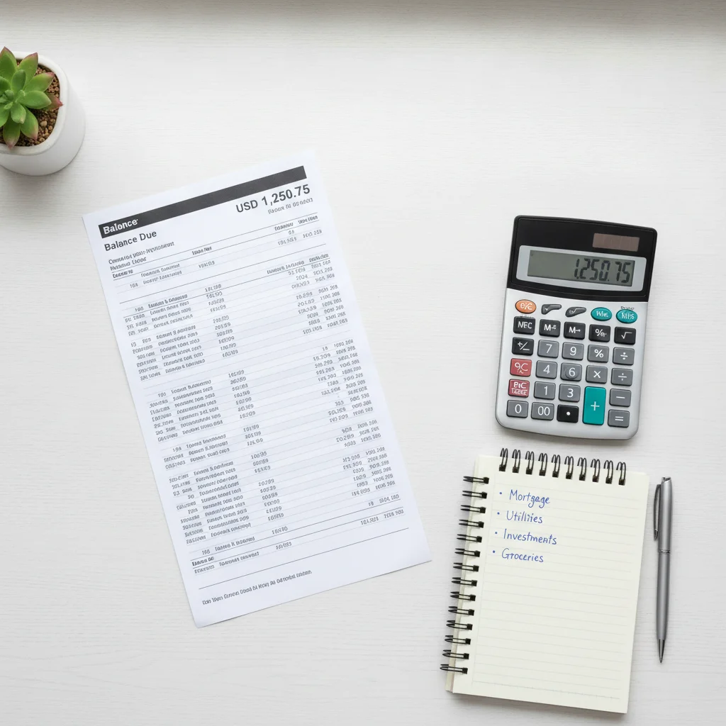 Credit card statement, calculator, and notepad with notes on a clean white desk surface