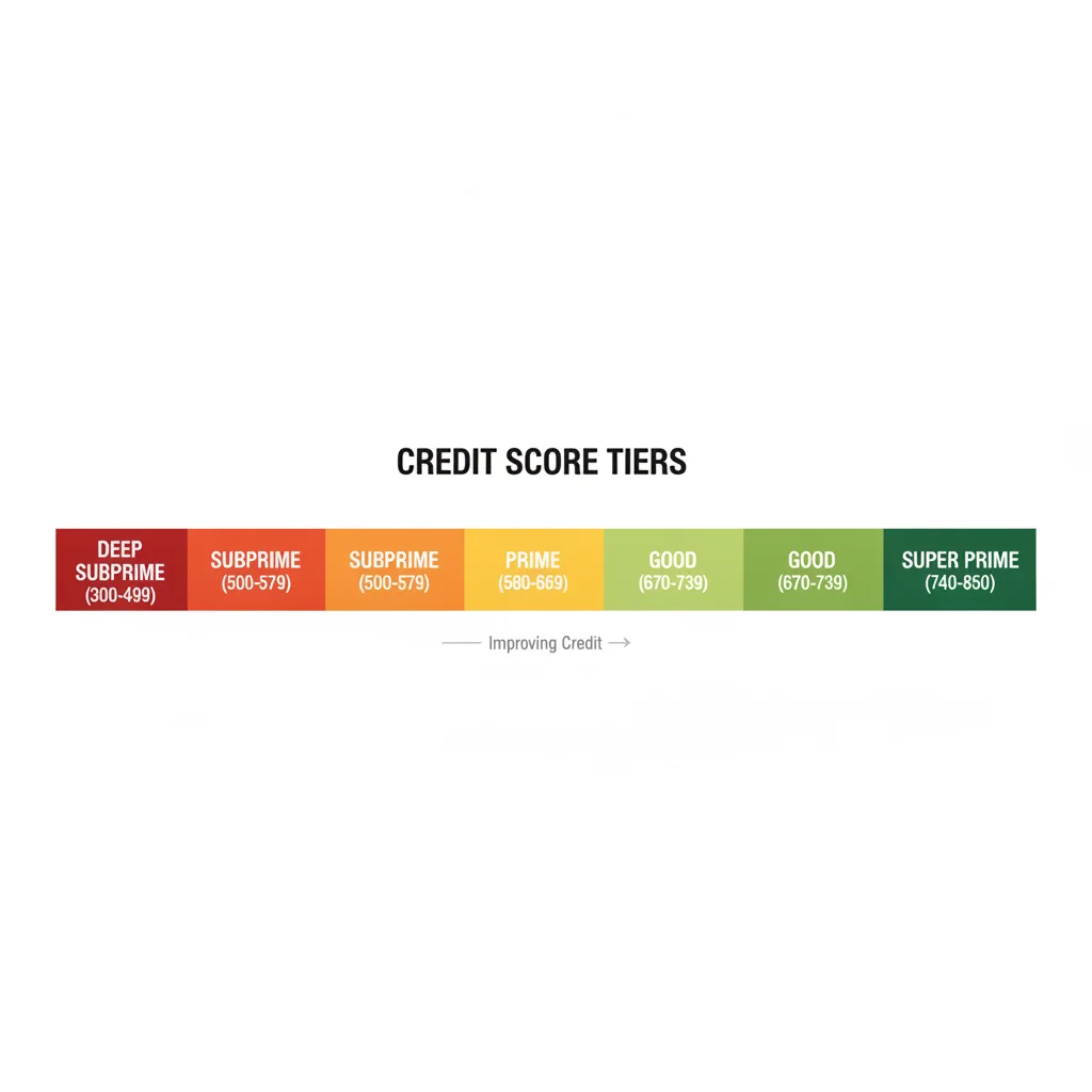 Color-coded credit score tier chart from deep subprime in red to super prime in green