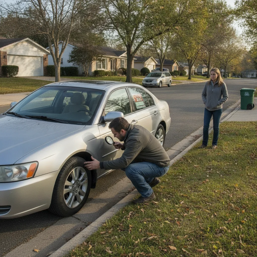 A car buyer crouching to inspect alloy wheel condition on a used car parked on a residential street