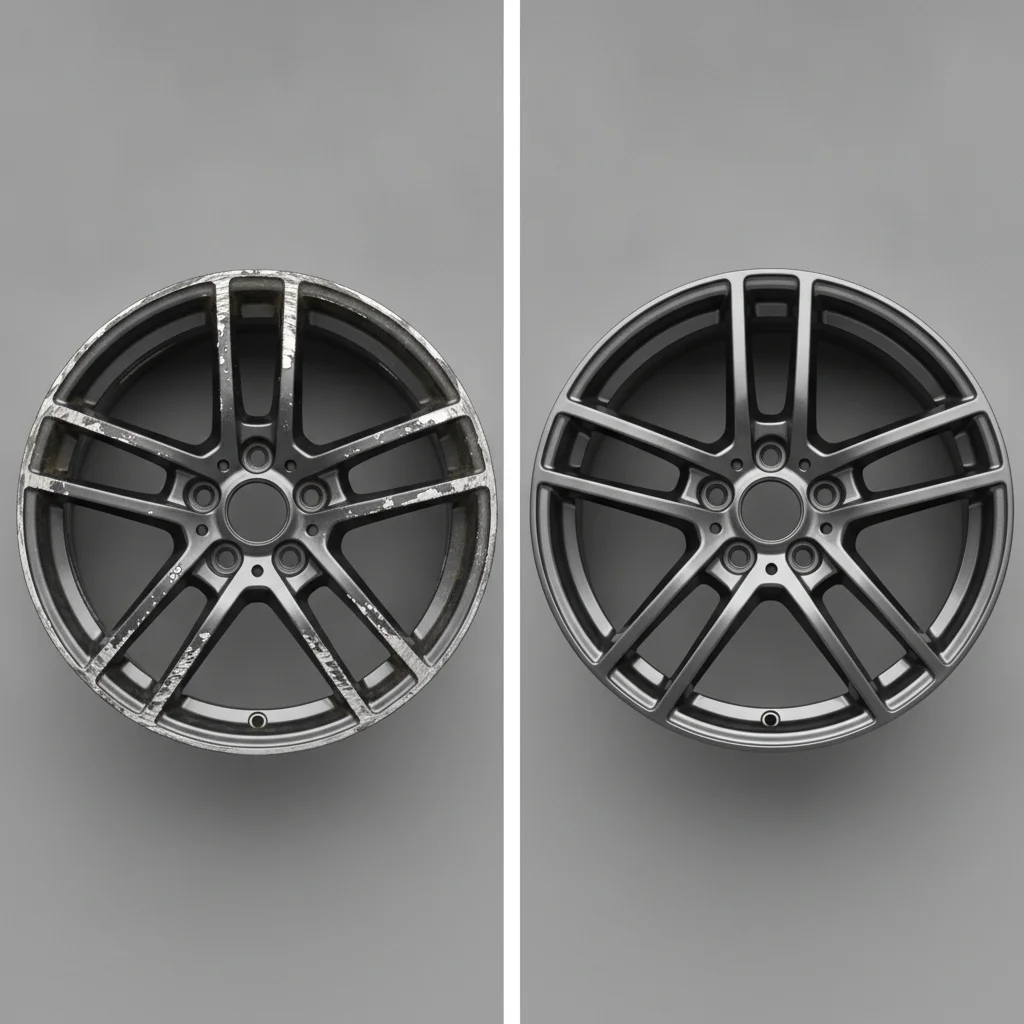 Side-by-side comparison of a scuffed alloy wheel with curb rash versus a professionally refinished clean alloy wheel