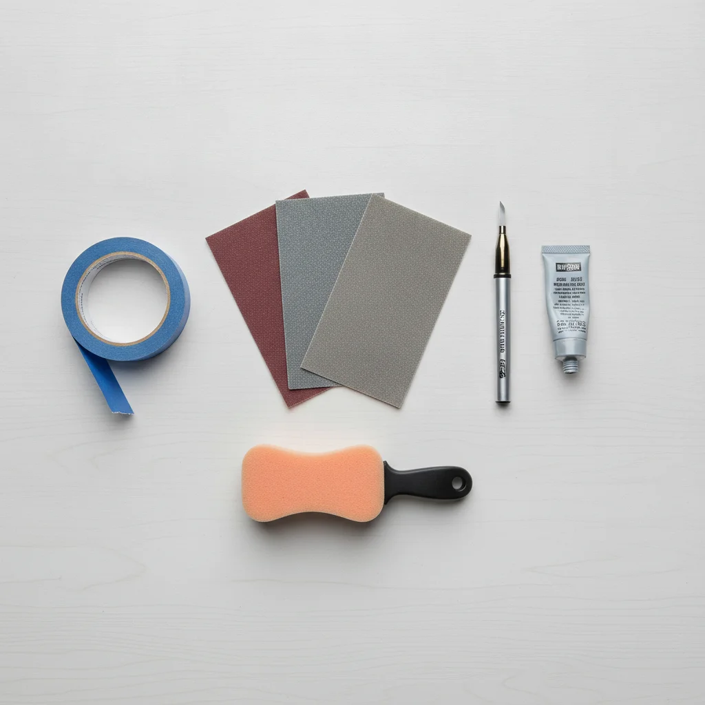 Wheel repair kit components including sandpaper, touch-up paint, filler compound, and painter's tape laid out on a workbench
