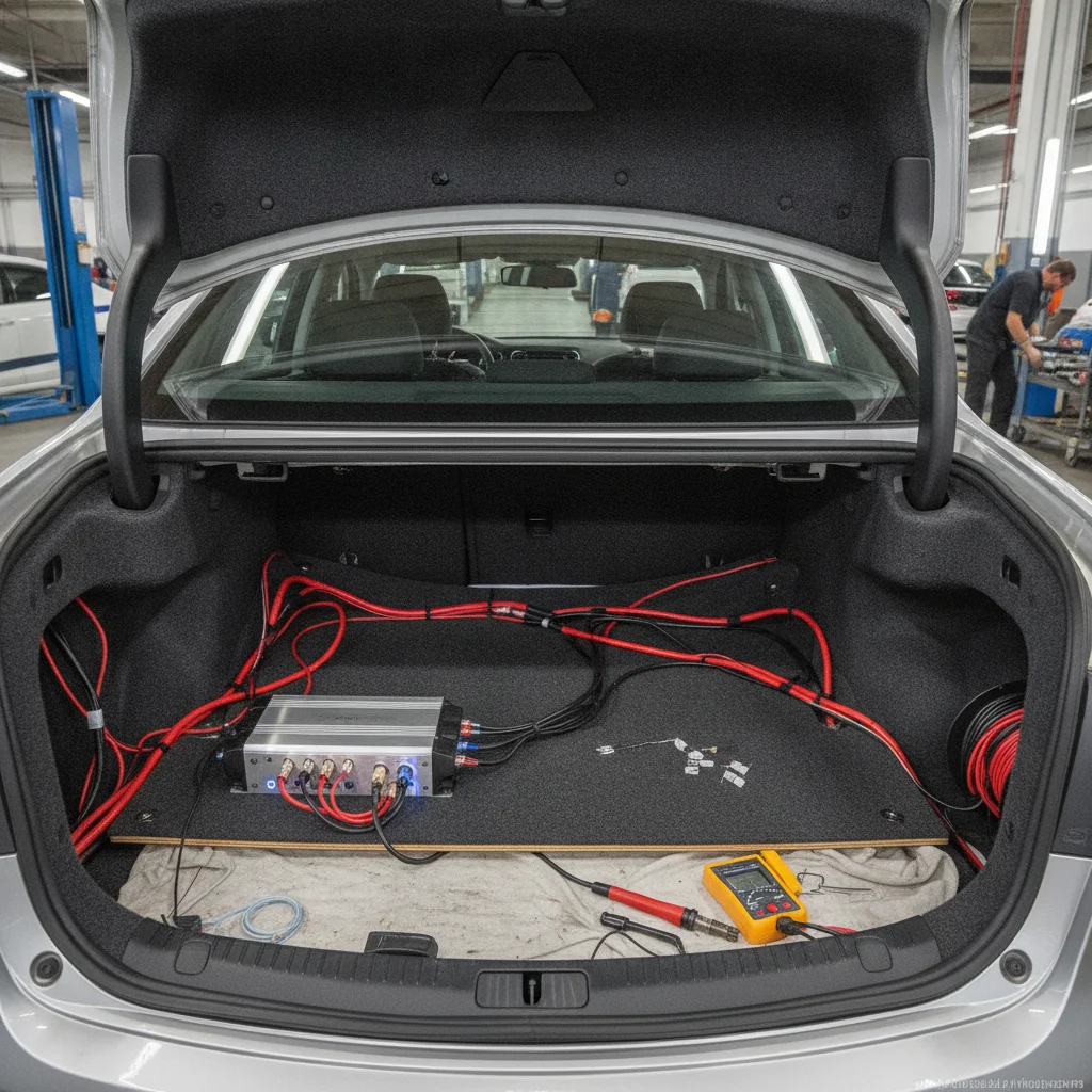Aftermarket car audio amplifier and wiring installed in a vehicle trunk during customization