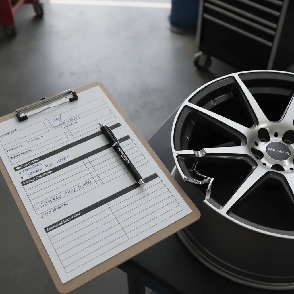 Insurance claim form beside a damaged custom aftermarket alloy wheel being assessed