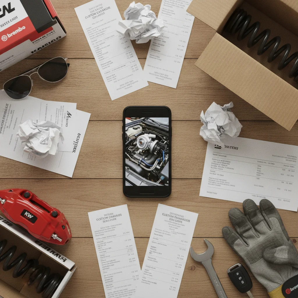 Receipts, invoices, and photos documenting aftermarket car modifications organized for insurance purposes