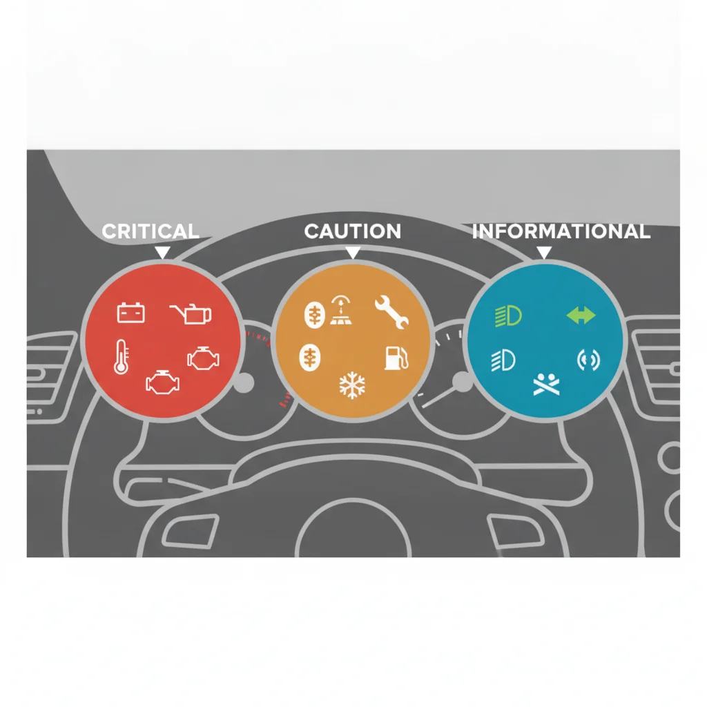 Color-coded dashboard diagram showing red, amber, and green warning light zones with labels