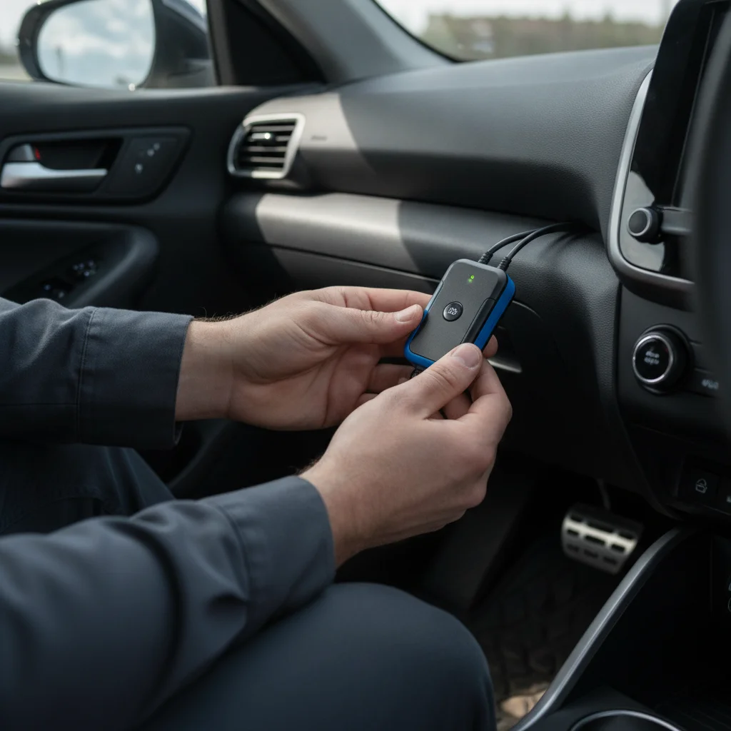 Hands plugging a small OBD-II Bluetooth scanner into a car's diagnostic port under the dashboard