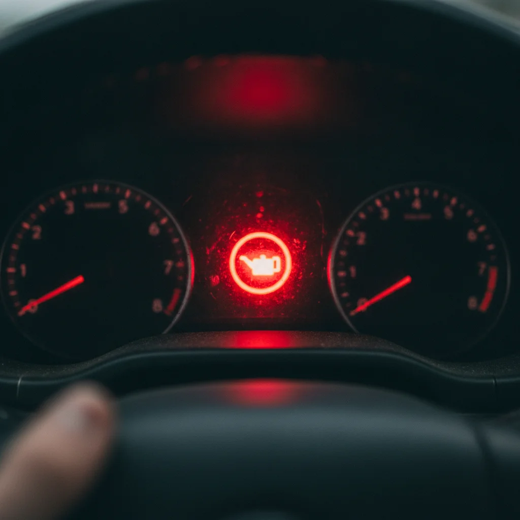 Glowing red oil pressure warning light illuminated on a dark car dashboard