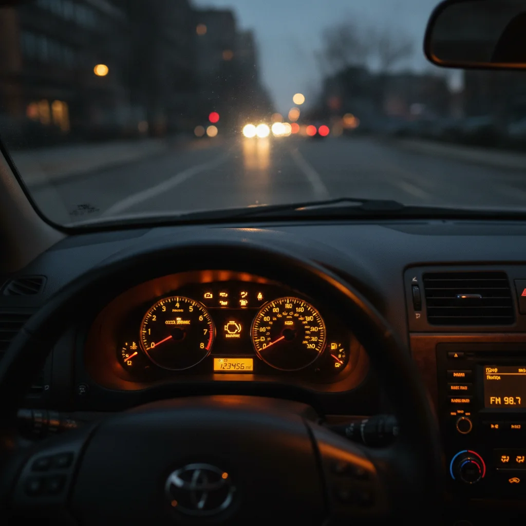 Multiple amber warning lights including check engine and TPMS illuminated on a car dashboard