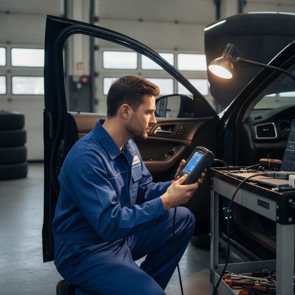 Mechanic plugging an OBD-II scanner into the diagnostic port beneath a vehicle dashboard