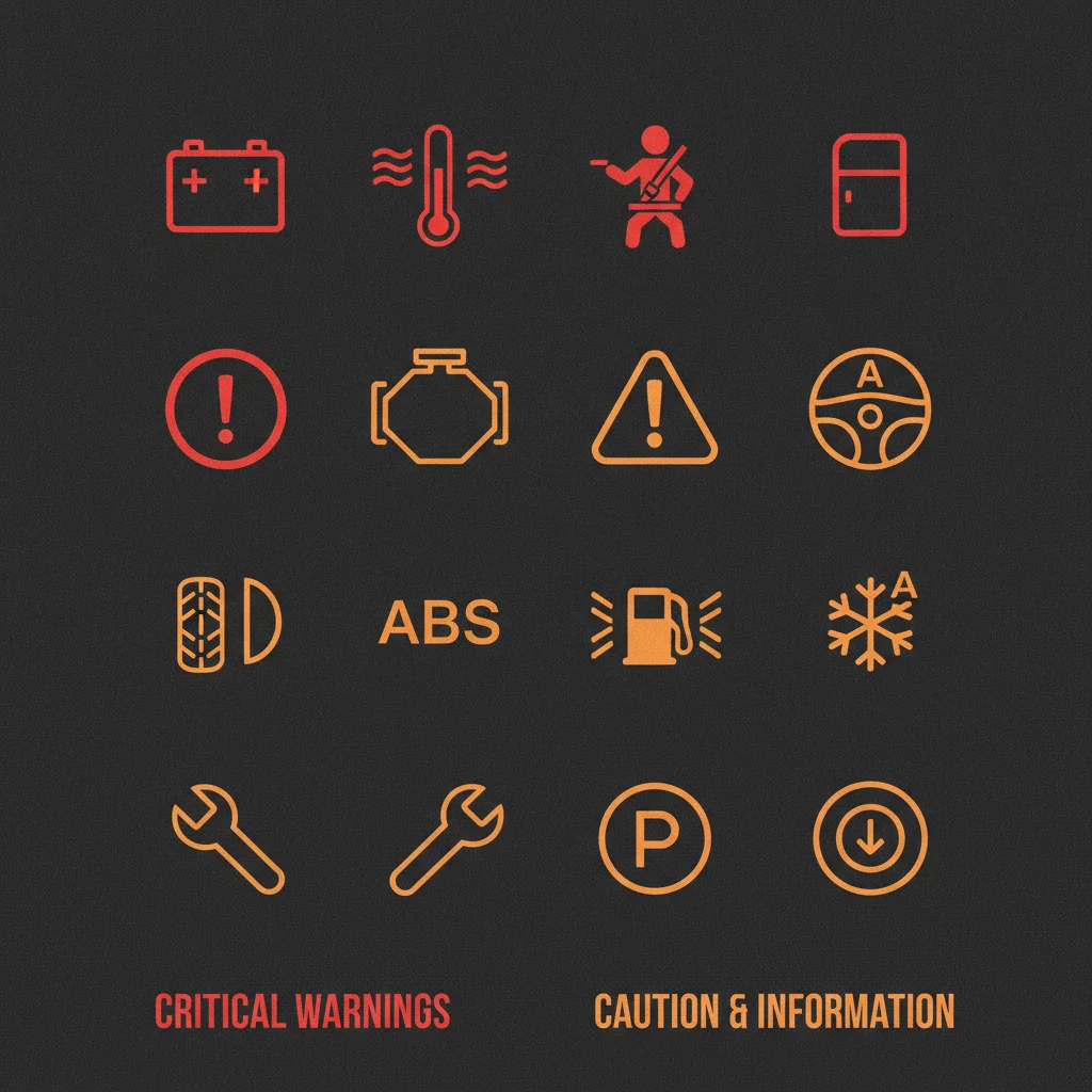 Grid of common car dashboard warning light symbols color-coded in red and amber on dark background