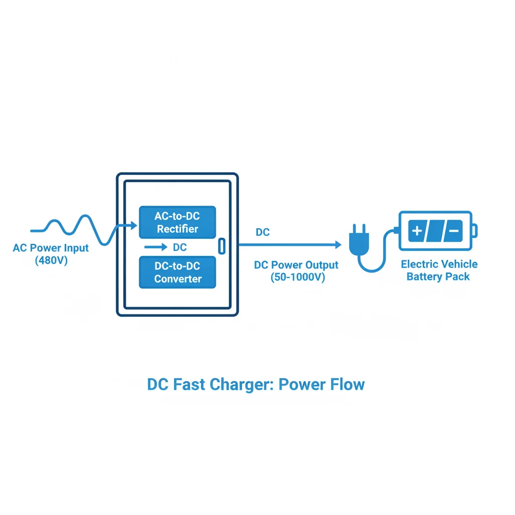 Diagram showing AC grid power converting to DC inside a fast charger station and flowing to an EV battery