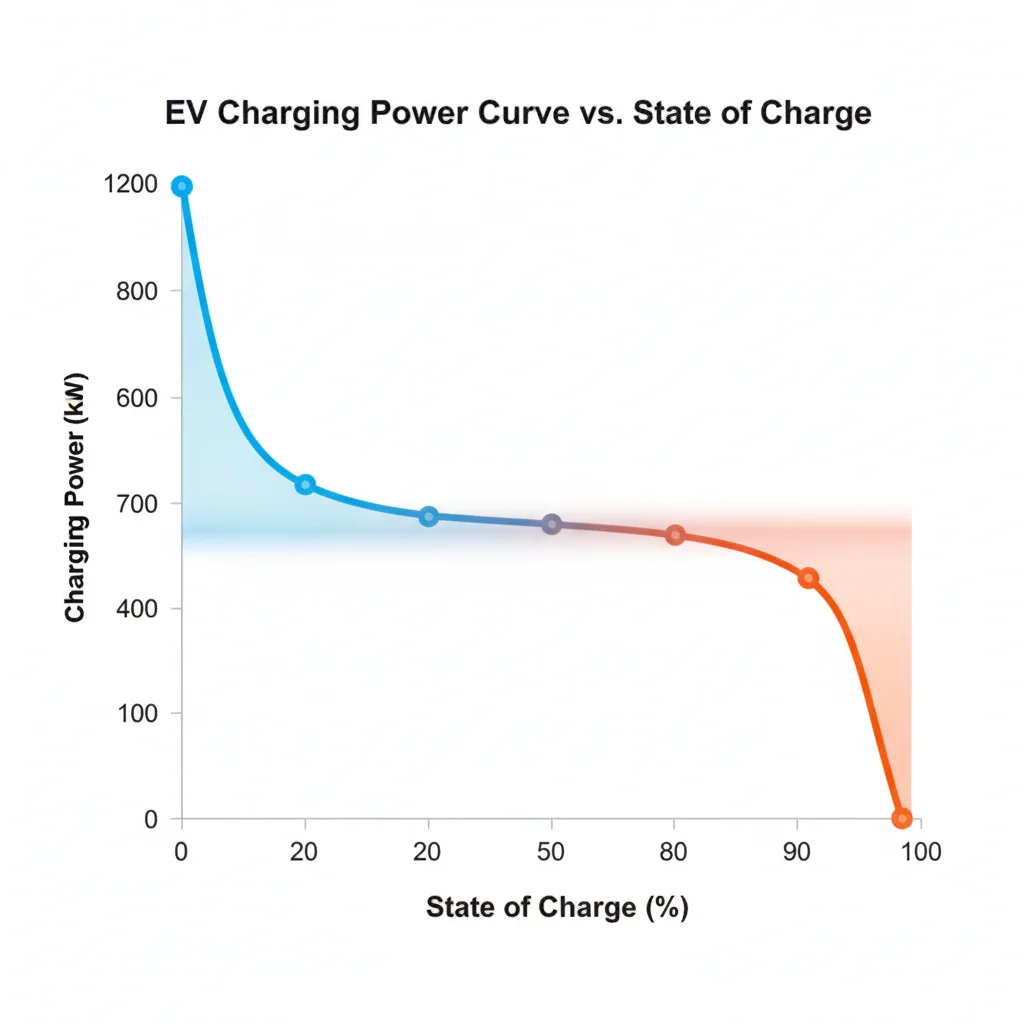 Charging power curve graph showing fast charge rate tapering above 80% state of charge