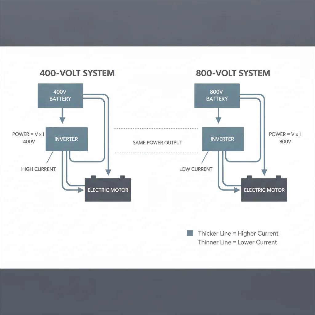 Comparison diagram of 400V and 800V EV battery architectures showing current flow at equivalent power levels
