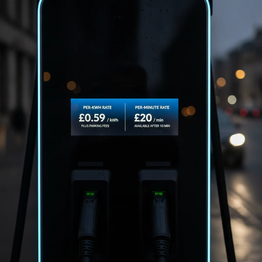 Close-up of a DC fast charger digital display showing per-kWh and per-minute billing rate options