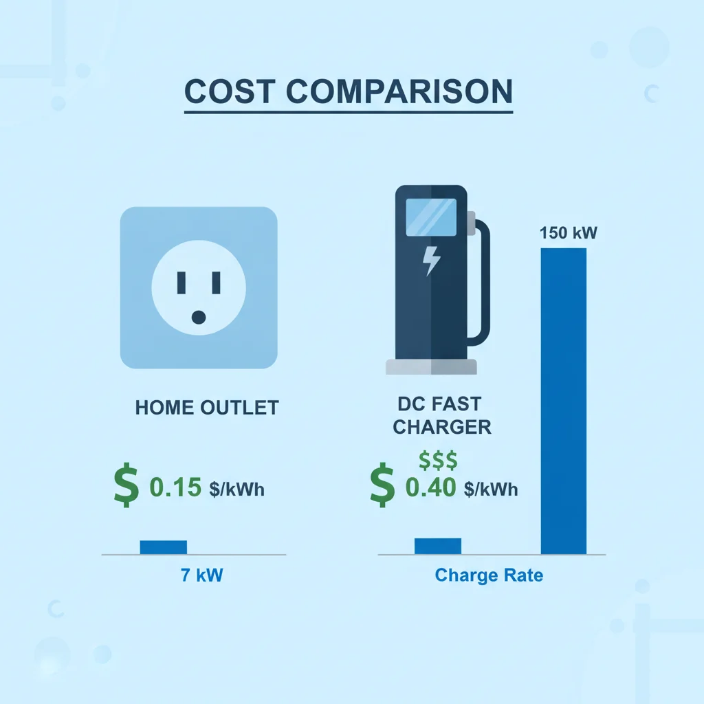 Flat illustration comparing home charging cost per kWh versus DC fast charger cost per kWh side by side