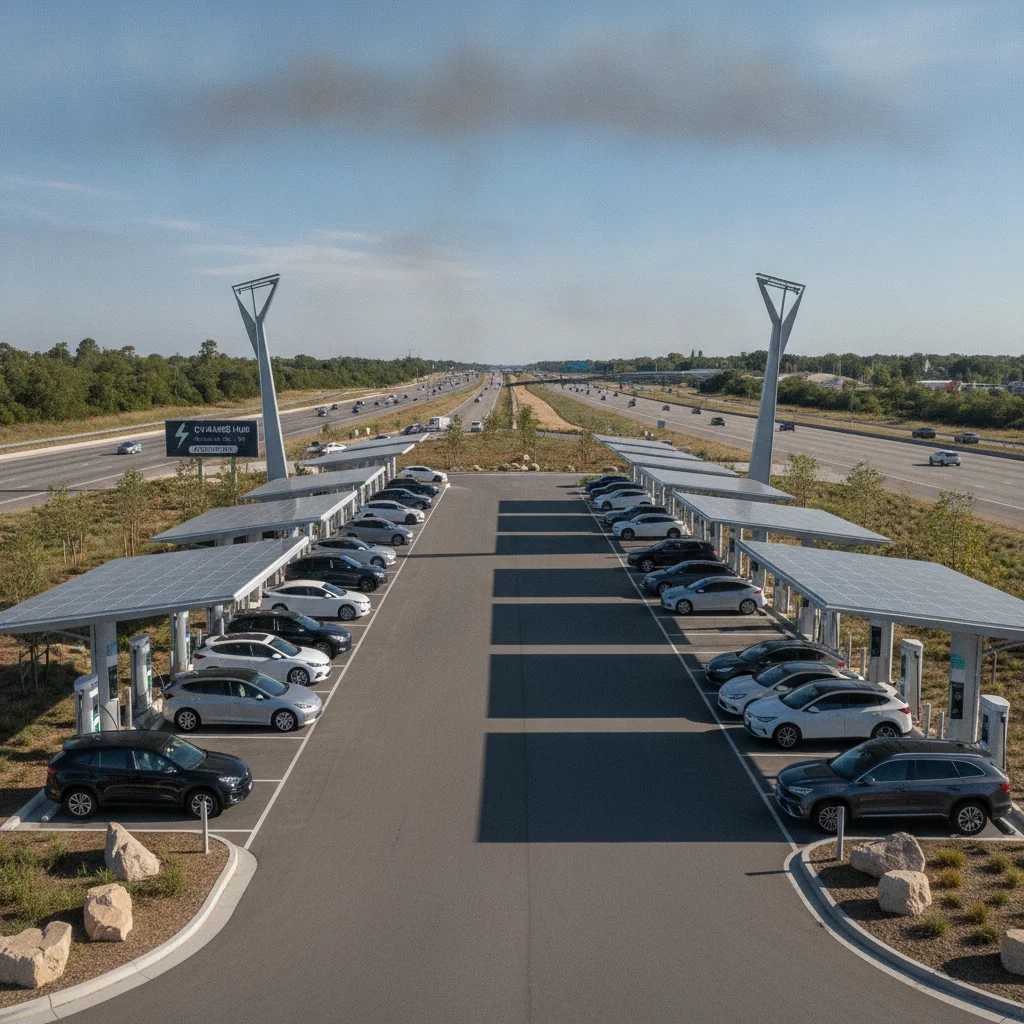 Highway EV charging plaza with multiple vehicles plugged into DC fast chargers under a clear sky