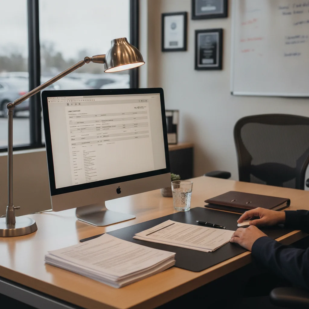 Car dealership finance office desk with loan contract on computer screen and printed forms