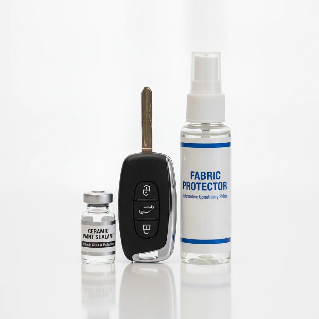Car key fob, fabric protector spray, and paint sealant vial on a white surface representing dealer add-on products