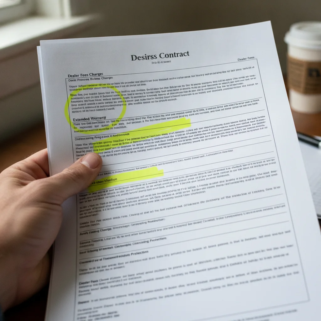 Hand holding a car purchase contract with line items highlighted in yellow, emphasizing fine print details